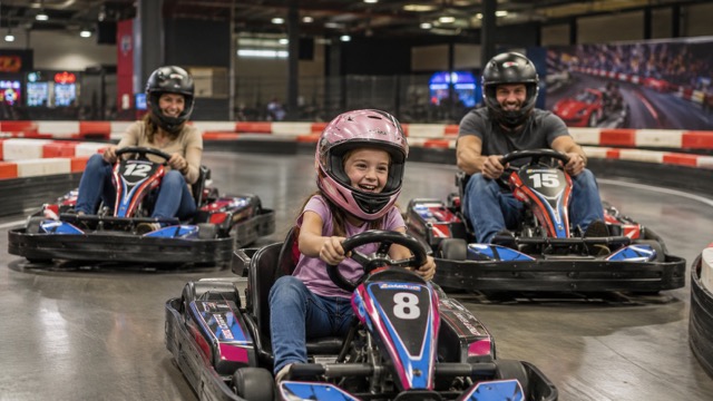 Šeimos diena Tėvai su dukra važinėjasi kartingais uždarame kartodrome