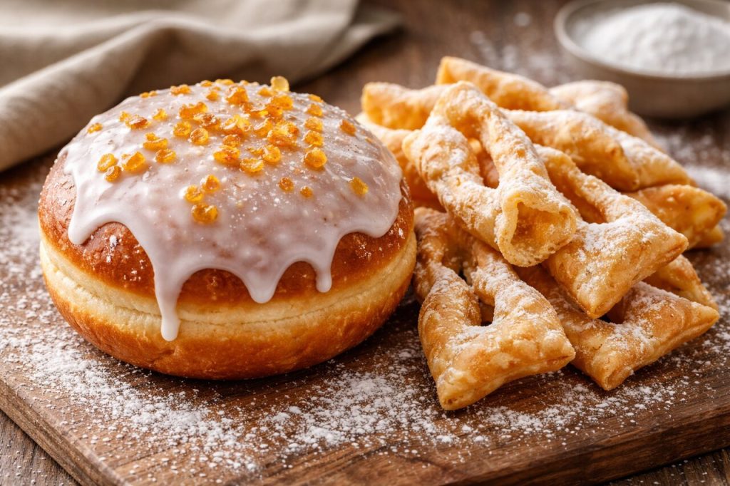 Pączek z lukrem i faworki posypane cukrem pudrem, tradycyjne słodkości karnawałowe.