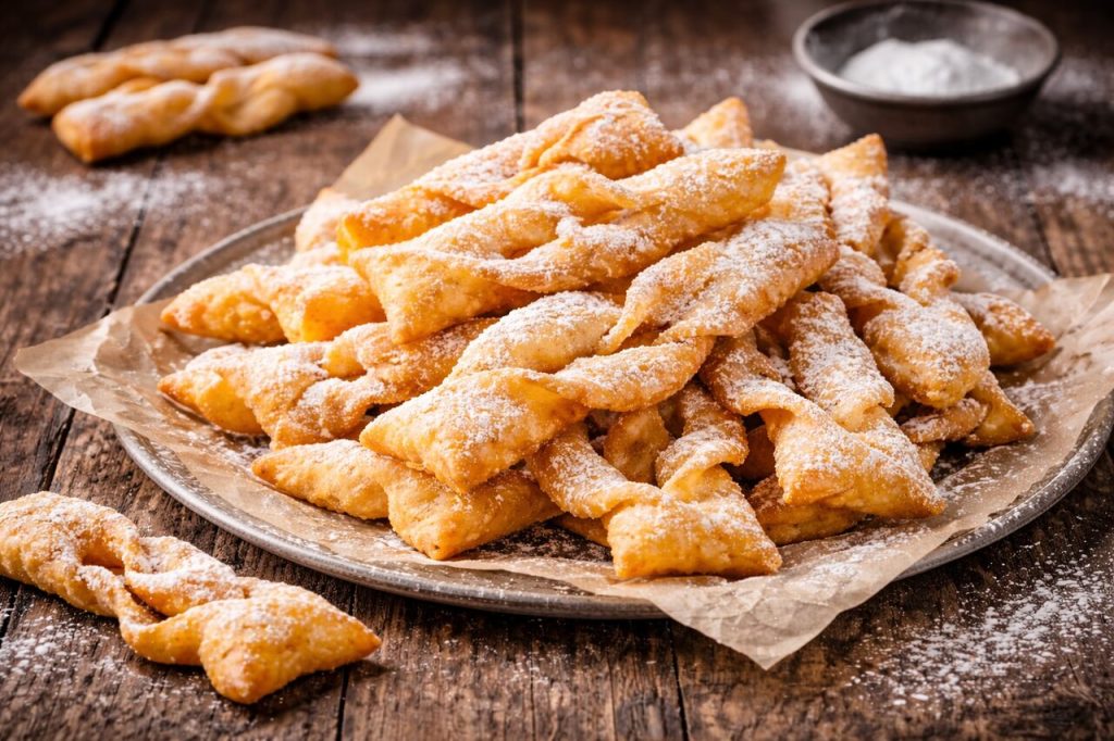 Domowe faworki posypane cukrem pudrem na talerzu – tradycyjne słodkości na Tłusty Czwartek 2026.