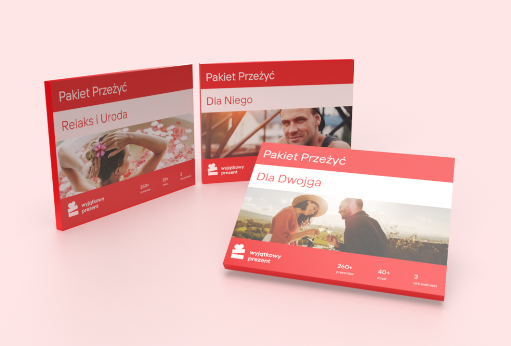 Czerwone Pakiety Przeżyć Wyjątkowego Prezentu ustawione na jasnym tle – eleganckie opakowania z grafikami przedstawiającymi różne rodzaje atrakcji i przeżyć.