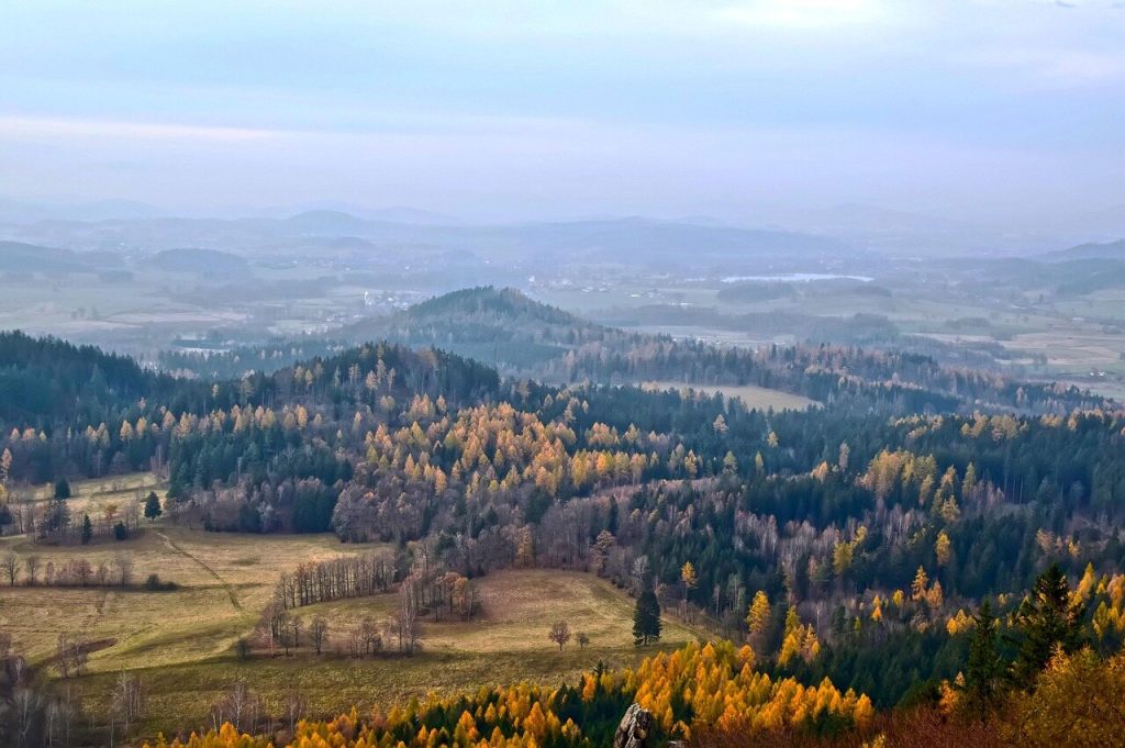 Gdzie warto wybrać się w góry z dziećmi - Góry Izerskie, widok z jednego ze szczytów na lasy i pola