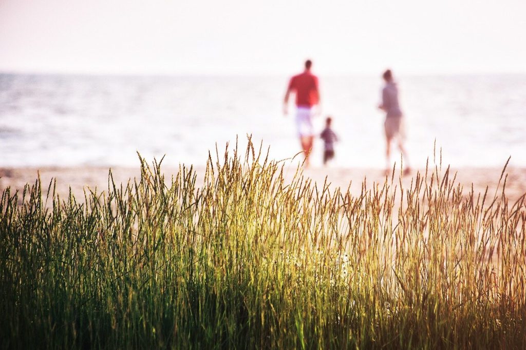Weekend nad morzem z dziećmi, rozmazane zdjęcie rodziców z dzieckiem na plaży, na pierwszym planie wysoka trawa.