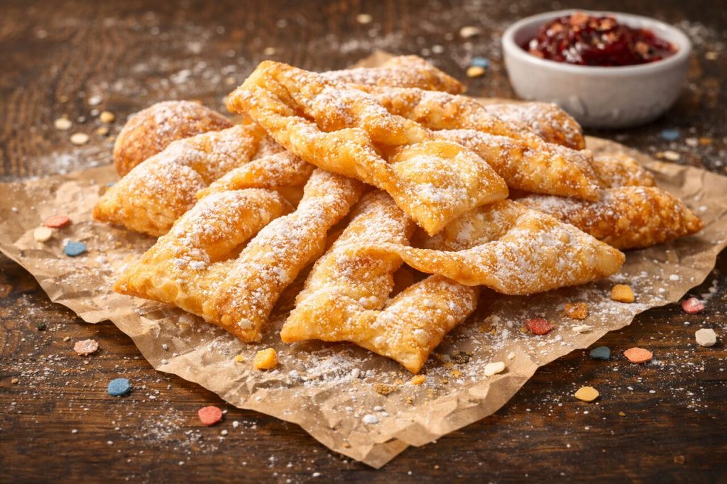 Złociste faworki z cukrem pudrem, klasyczne słodkości na Tłusty Czwartek.