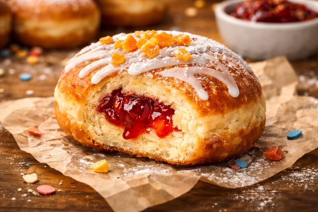 Pączek z nadzieniem owocowym i lukrem, tradycyjny wypiek na Tłusty Czwartek.