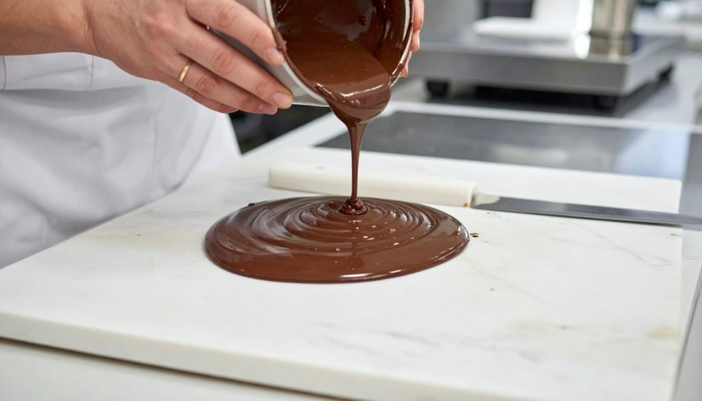 Dzień czekolady – płynna czekolada wylewana na blat podczas przygotowania deserów, proces temperowania czekolady w pracowni cukierniczej.