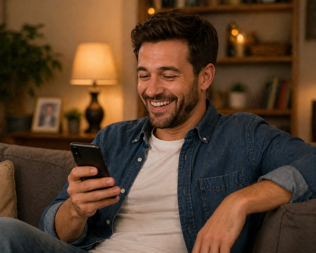 Życzenia na Dzień Zięcia – uśmiechnięty mężczyzna czyta wiadomość w telefonie i cieszy się miłym SMS-em w przytulnym salonie.