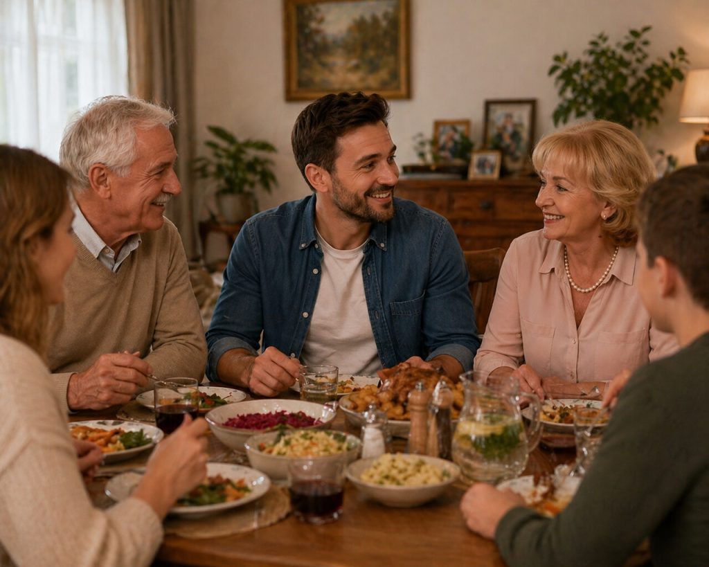 Dzień Zięcia – rodzinny obiad przy stole, uśmiechnięty zięć rozmawia z teściami podczas wspólnego świętowania w ciepłej domowej atmosferze.