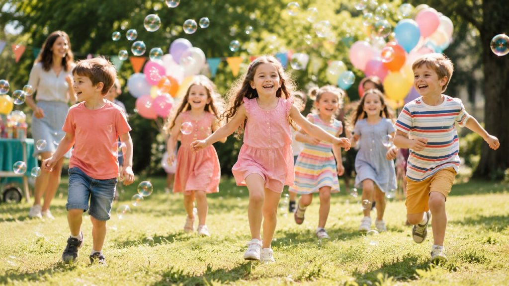 Dzieci biegnące z kolorowymi balonami po trawie jako ilustracja życzeń na Dzień Dziecka.