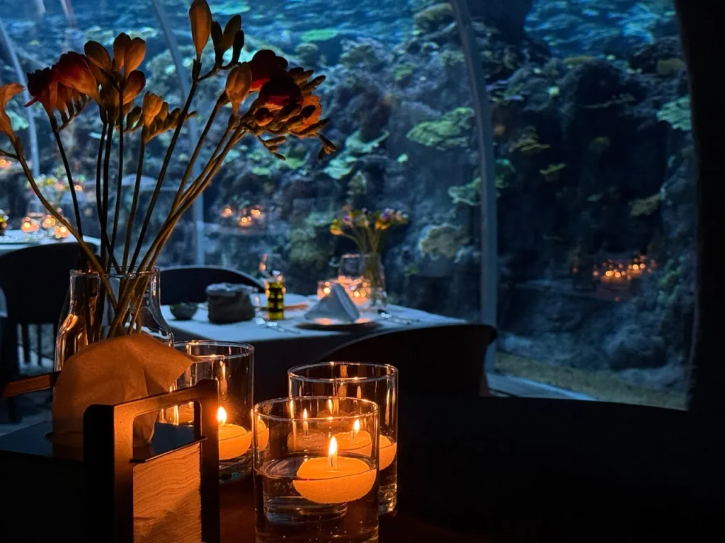 Premiera Podwodnej Kolacji w Łodzi. Romantycznie nakryty stolik dla dwojga w tunelu oceanicznym Orientarium Zoo Łódź, przy świecach i z widokiem na podwodny świat.